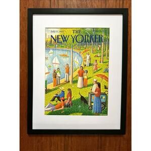 Framed 1991 New Yorker Cover July 15 Bob Knox Picnic Park Lake